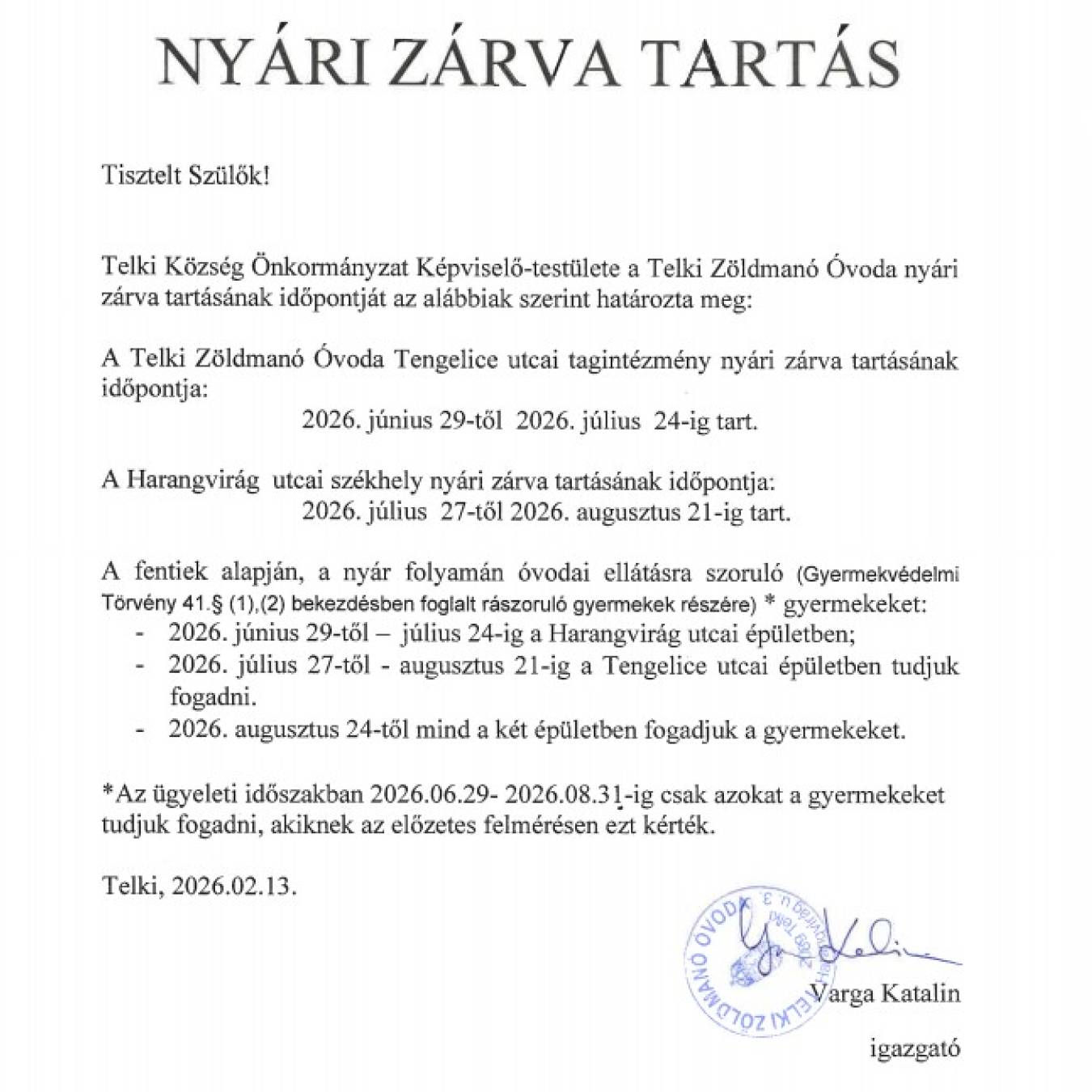 Nyári zárva tartás