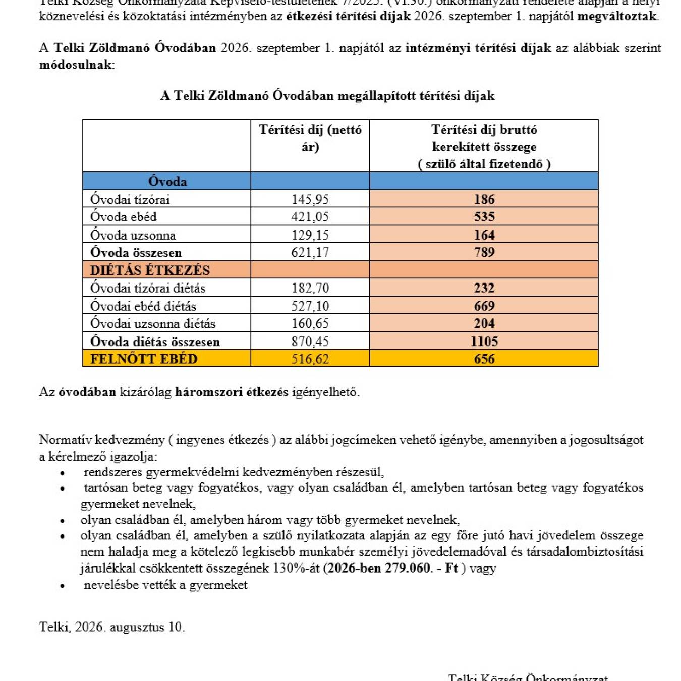 Tájékoztató intézményi étkezési térítési díj változásról