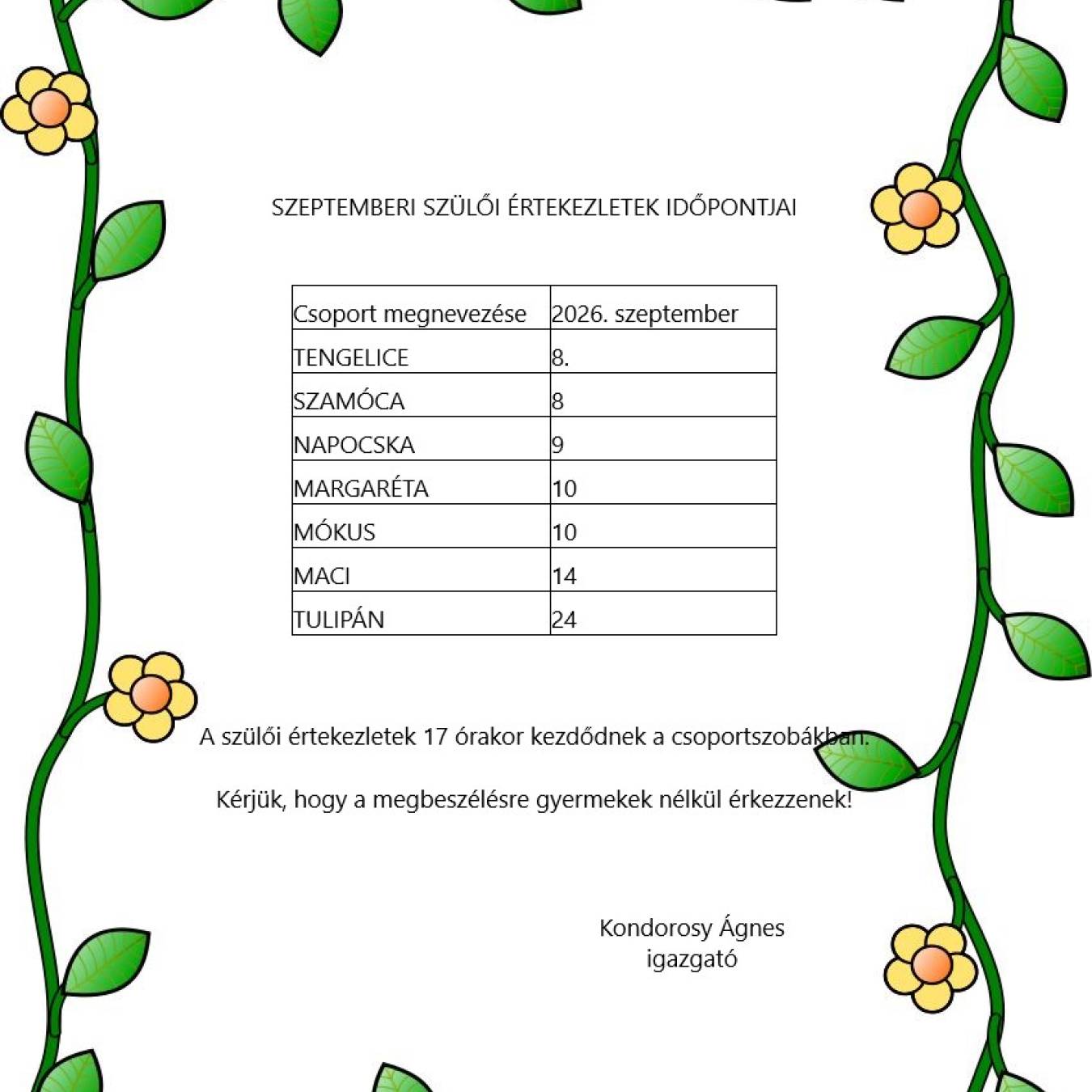 Szeptemberi szülői értekezletek